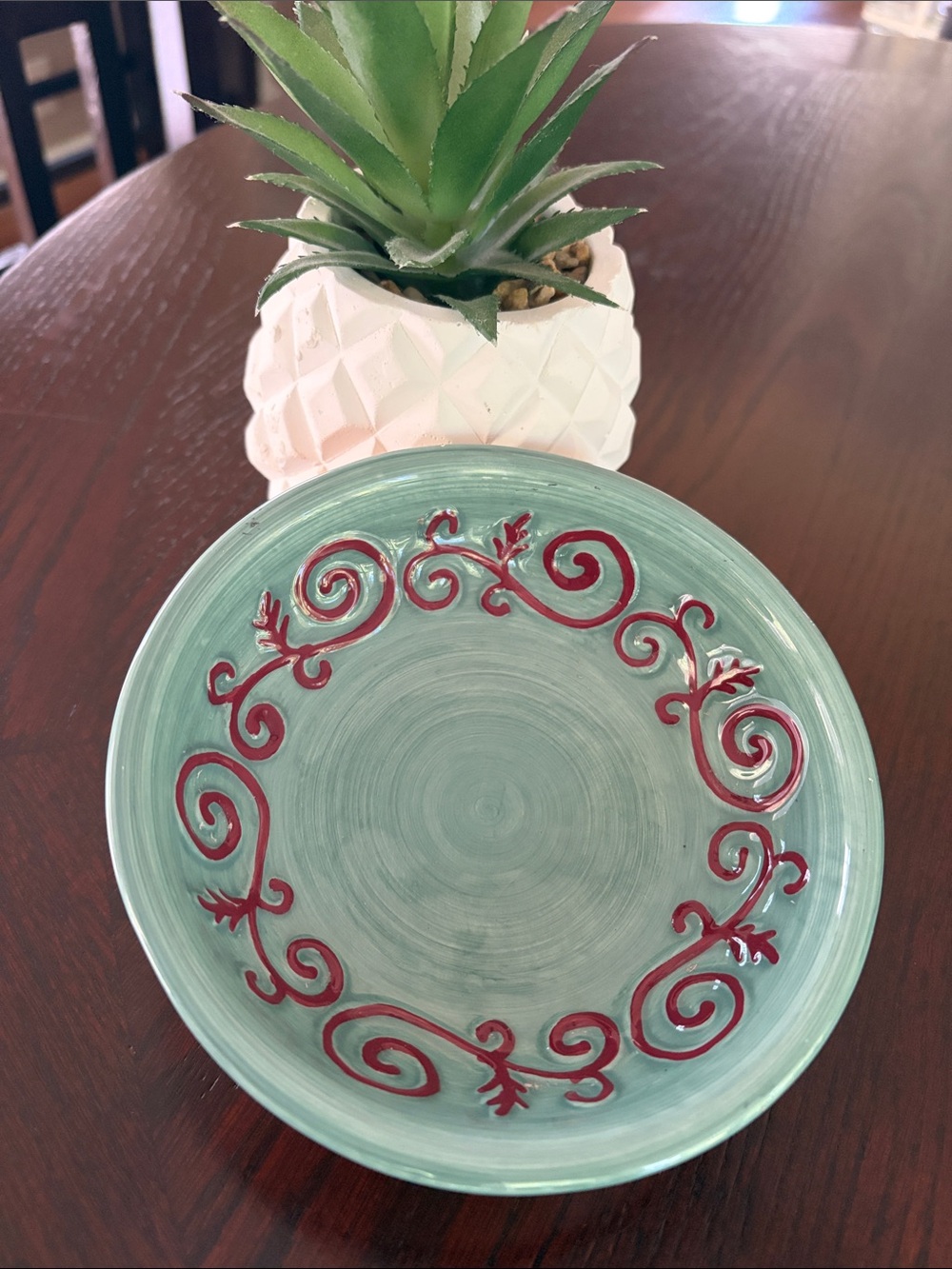 Green Decorative Ceramic Bowl with Burgundy Scrollwork. Soap Bowl. Jewelry Bowl
